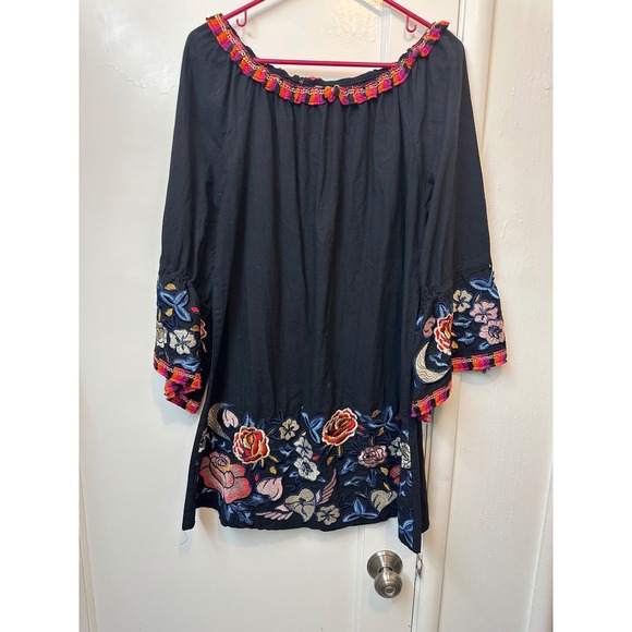 Velzera Tops - Velzera Womens Black Cotton Embroidered Floral‎ Moon Tunic Blouse Top 1XL Boho